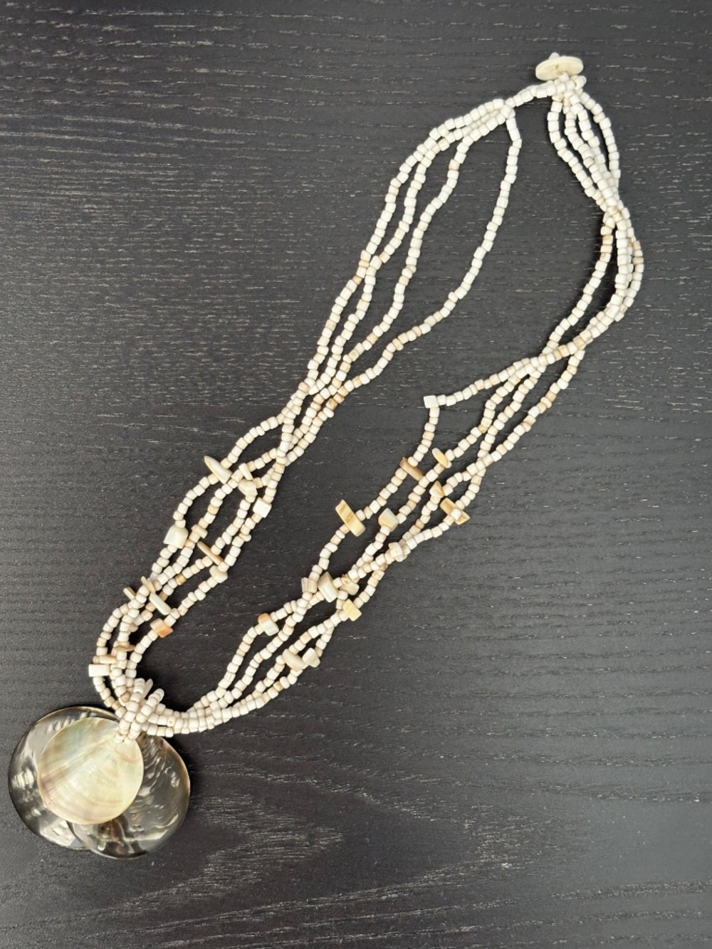 Vintage Mother of Pearl Boho Shell Strand Seed Bead Mermaid Pendant Necklace